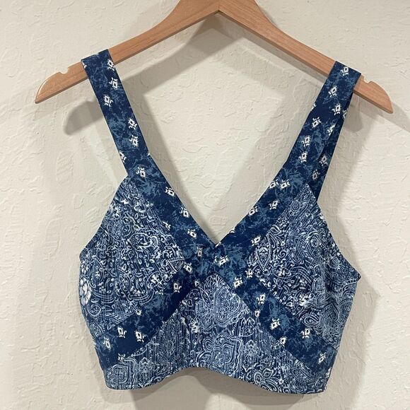 ~ Ecote Lg Boho Crop Top Blue Paisley Pattern Navy Adjustable Convertible Beachy - Picture 10 of 16